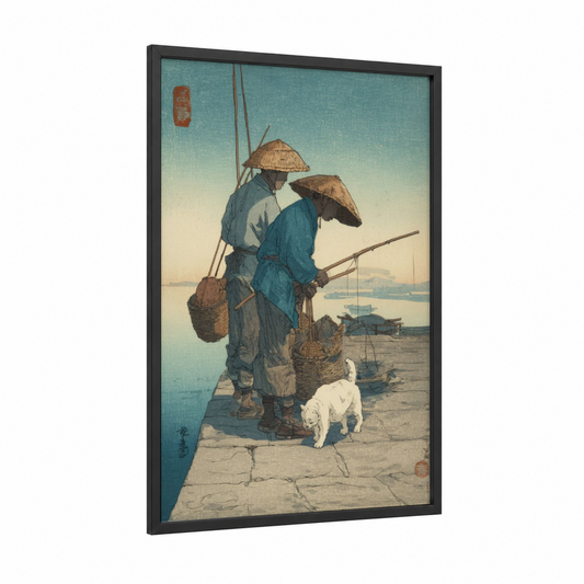 Dock Fishermen framed fishing print — black wood frame — teal and beige palette