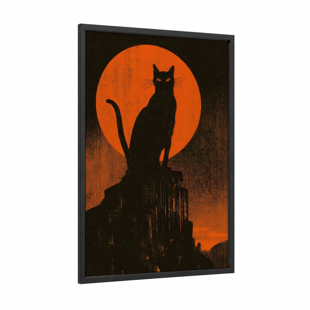 Midnight Cat Silhouette framed art print — black wood frame — black and gold and orange palette