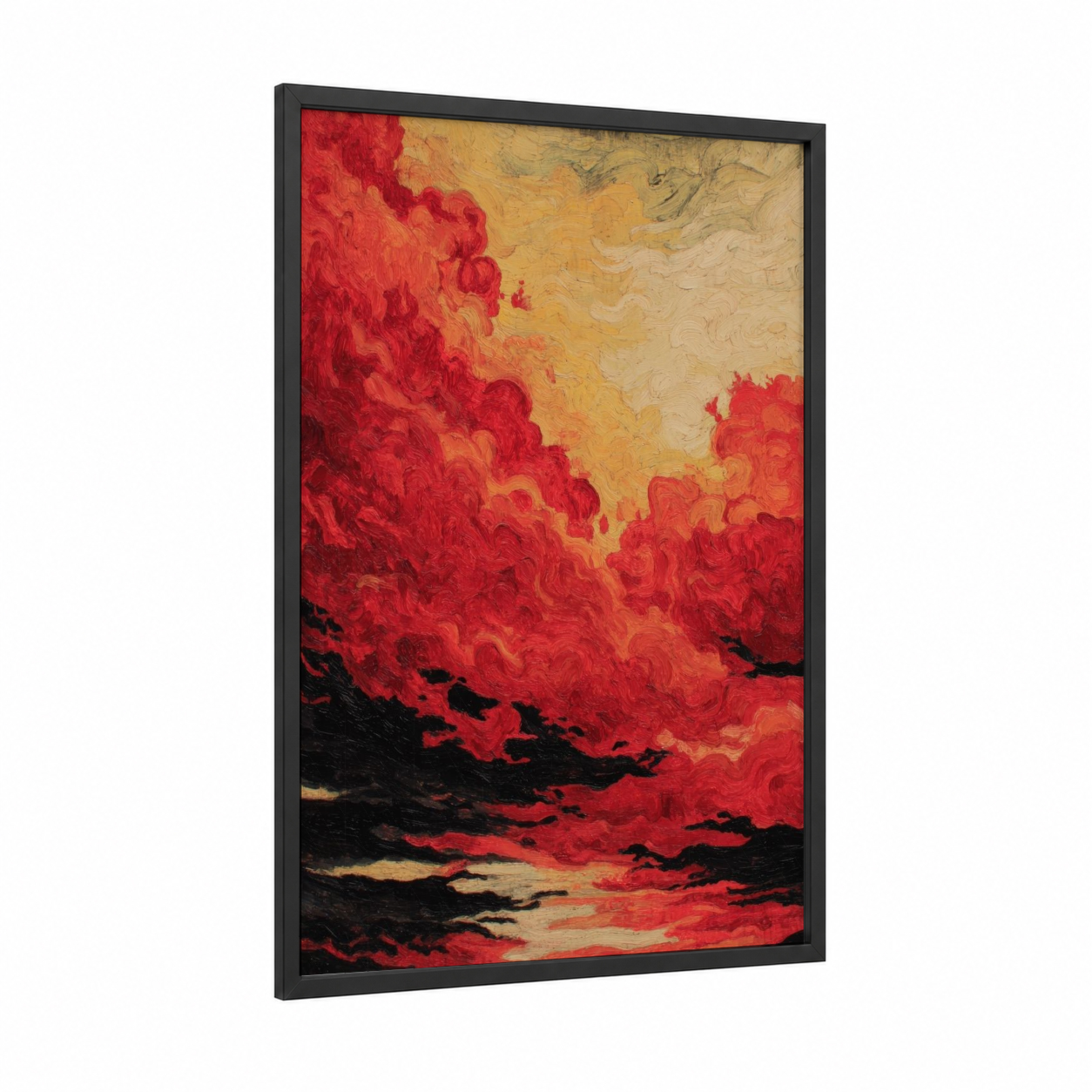 Crimson Volcano Eruption framed art print — black wood frame — red and gold palette