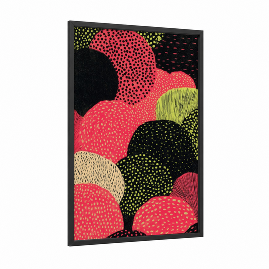 Vibrant Salad Circles framed art print — black wood frame — magenta and lime green palette