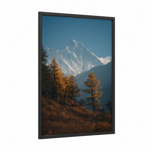 Golden Larch Everest framed mount everest print — black wood frame — blue and gold palette