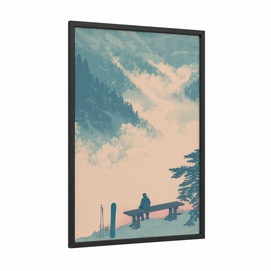 Alpine Snowboarder framed snowboarding print — black wood frame — teal and peach palette