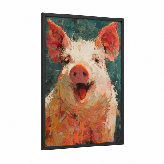 Joyful Pig Portrait framed art print — black wood frame — orange and teal palette