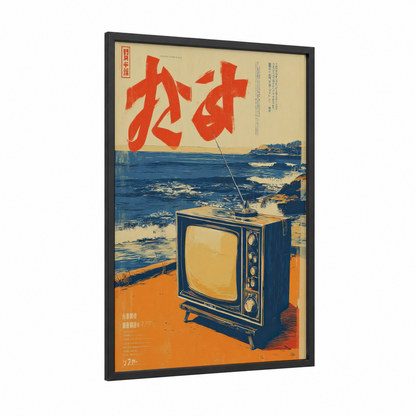 Seaside Television framed vintage japanese ads print — black wood frame — blue and orange palette