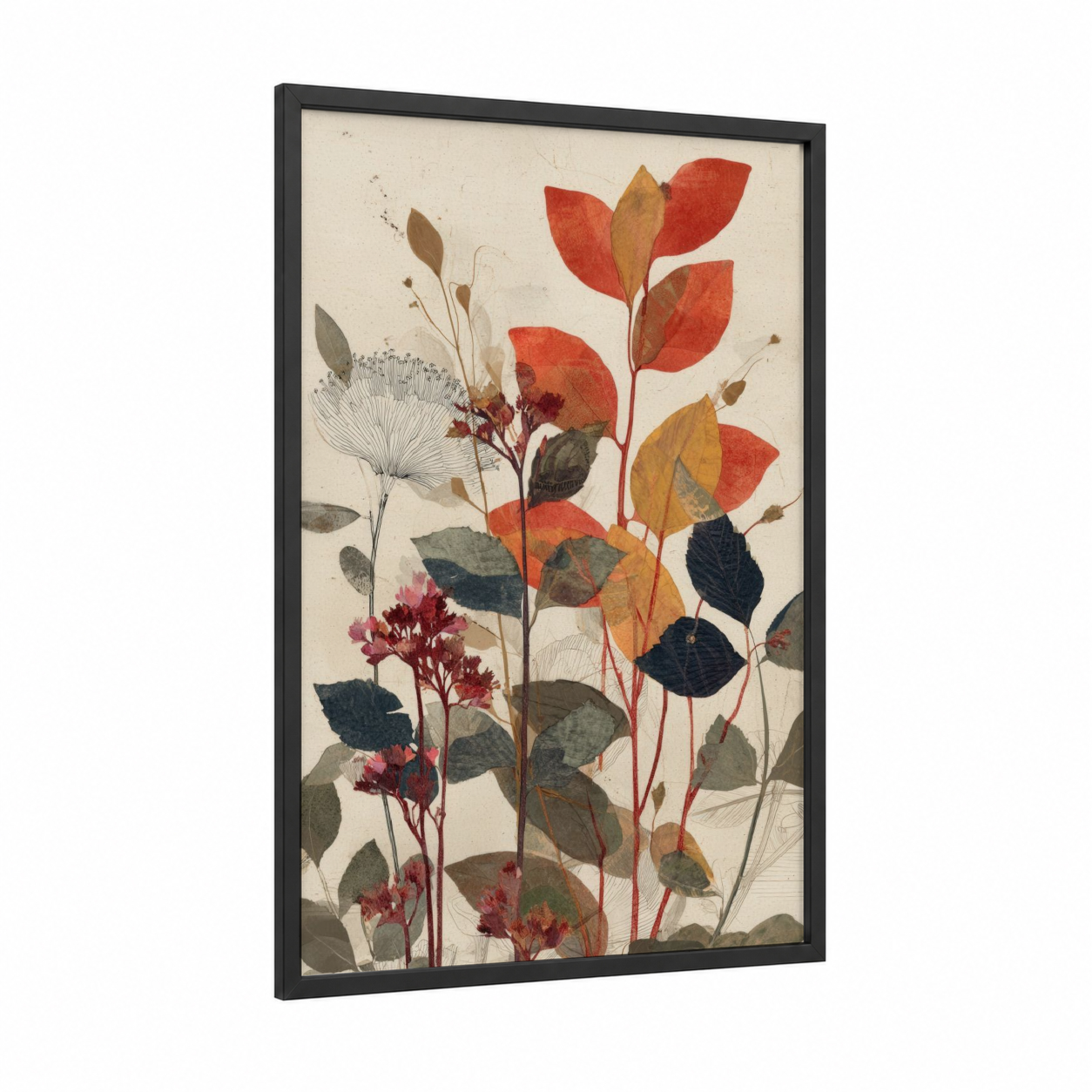 Autumn Botanicals framed art print — black wood frame — russet and beige palette
