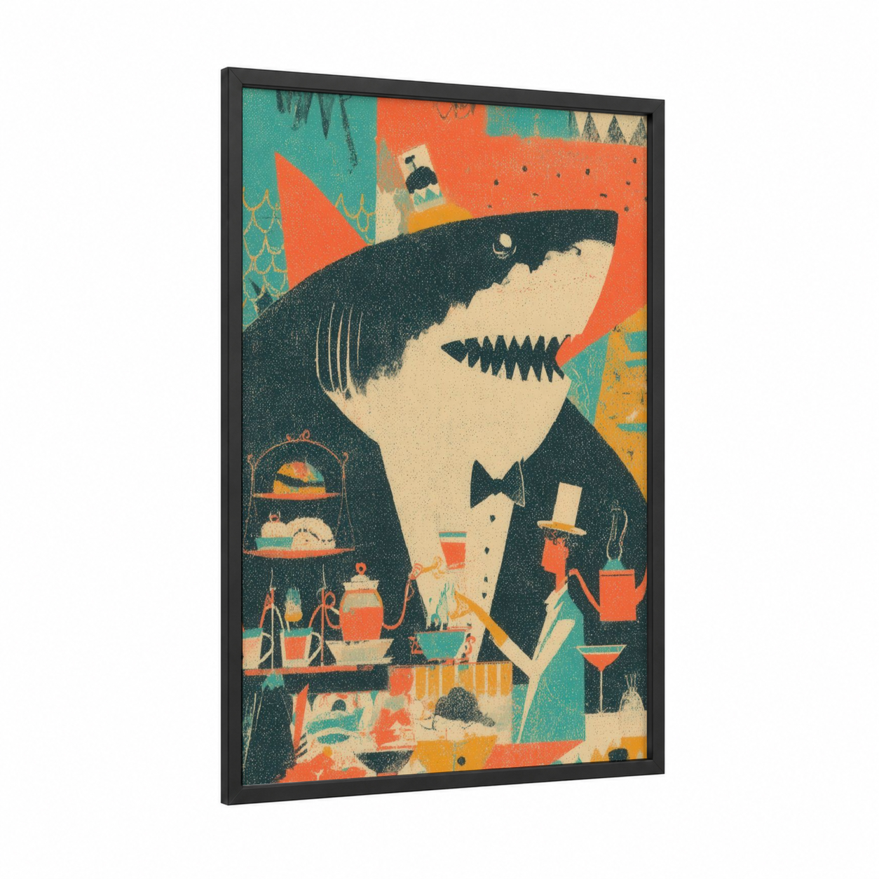 Dapper Shark framed great white shark print — black wood frame — orange and teal palette