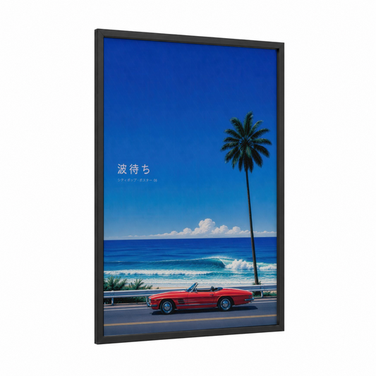 Coastal Palm Tree Vintage Car Wall Art framed art print — black wood frame — blue and red palette