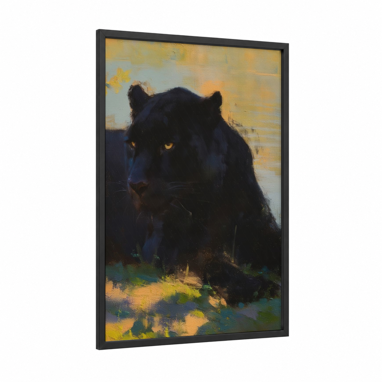 Golden Hour Panther framed art print — black wood frame — gold and black and white palette