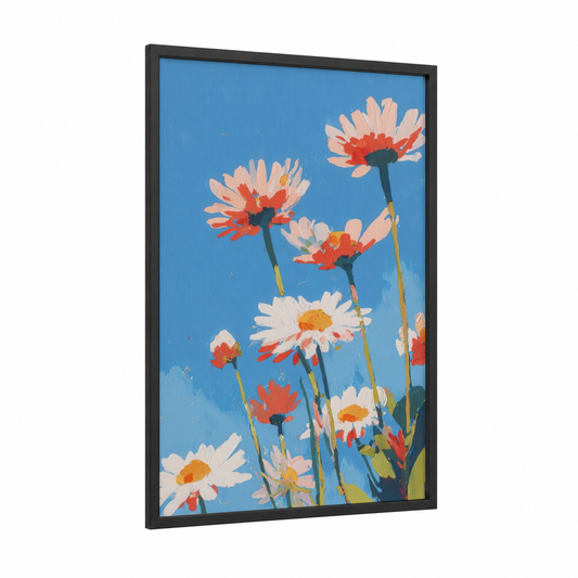Cheerful Daisy Sky framed art print — black wood frame — blue and peach palette