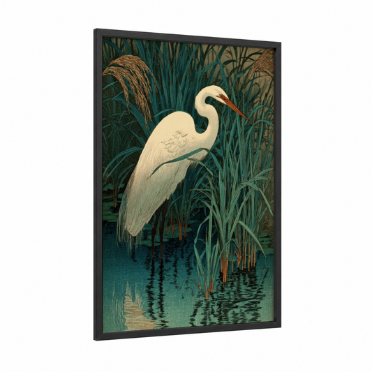 Marshland Crane framed art print — black wood frame — teal and cream palette