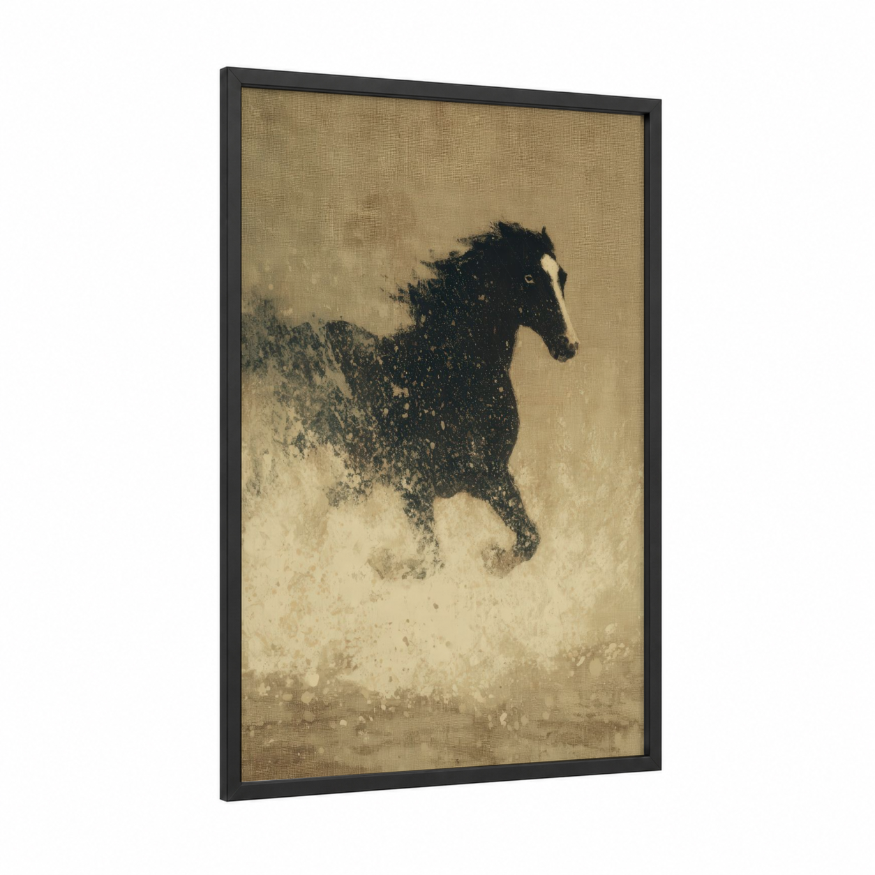 Galloping Stallion framed horse racing print — black wood frame — beige and black palette