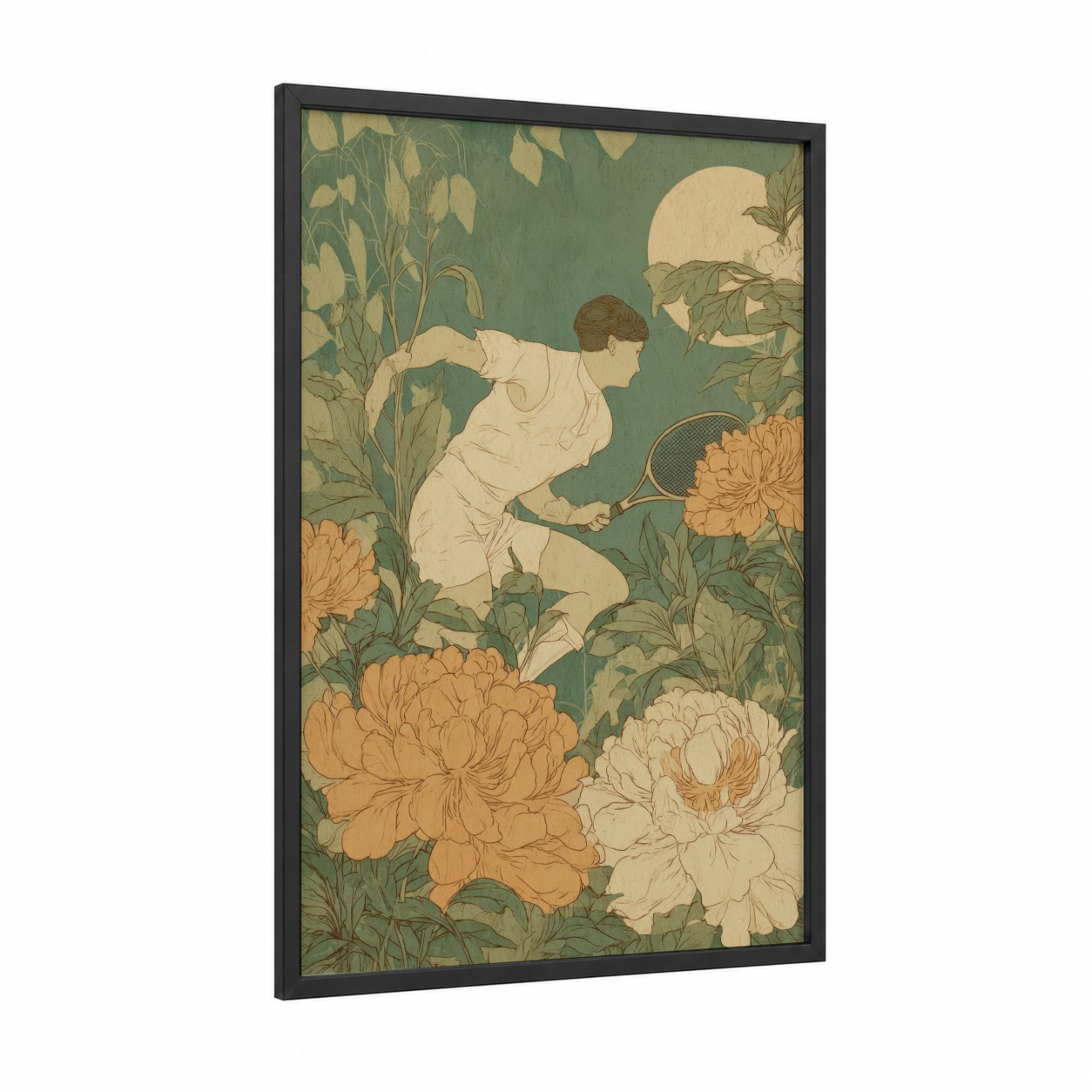 Garden Tennis Player framed art print — black wood frame — sage green and cream palette