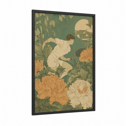 Garden Tennis Player framed art print — black wood frame — sage green and cream palette