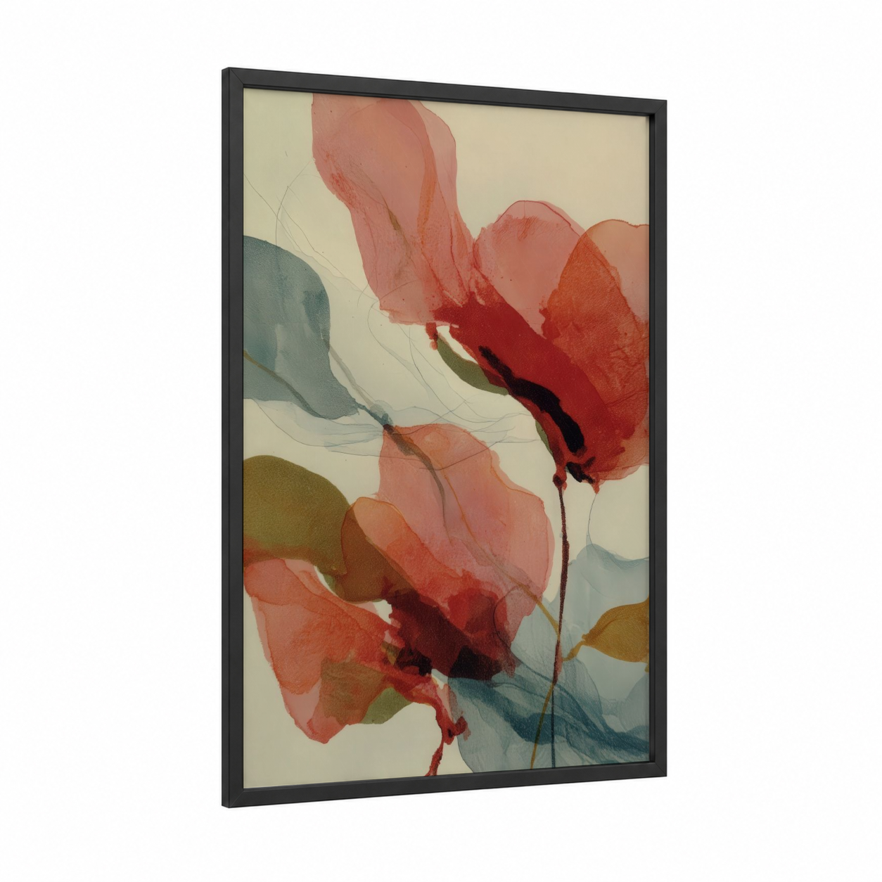 Crimson Dogwood Blooms framed art print — black wood frame — salmon pink and dove gray palette