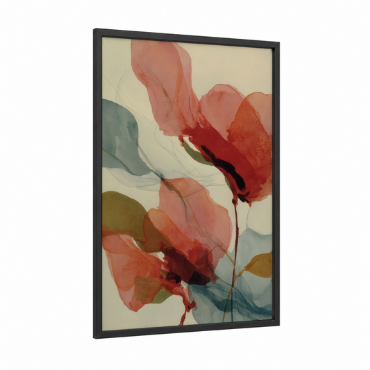Crimson Dogwood Blooms framed art print — black wood frame — salmon pink and dove gray palette