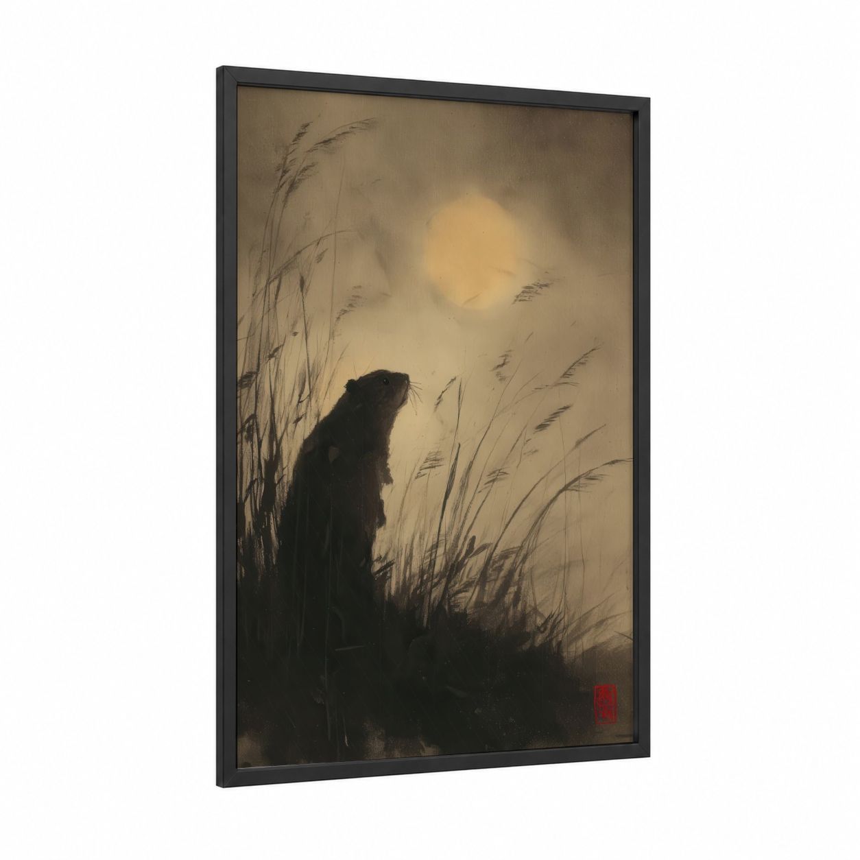 Moonlit Beaver framed art print — black wood frame — black and cream palette