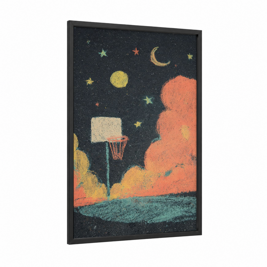 Cosmic Basketball framed art print — black wood frame — orange and gold palette