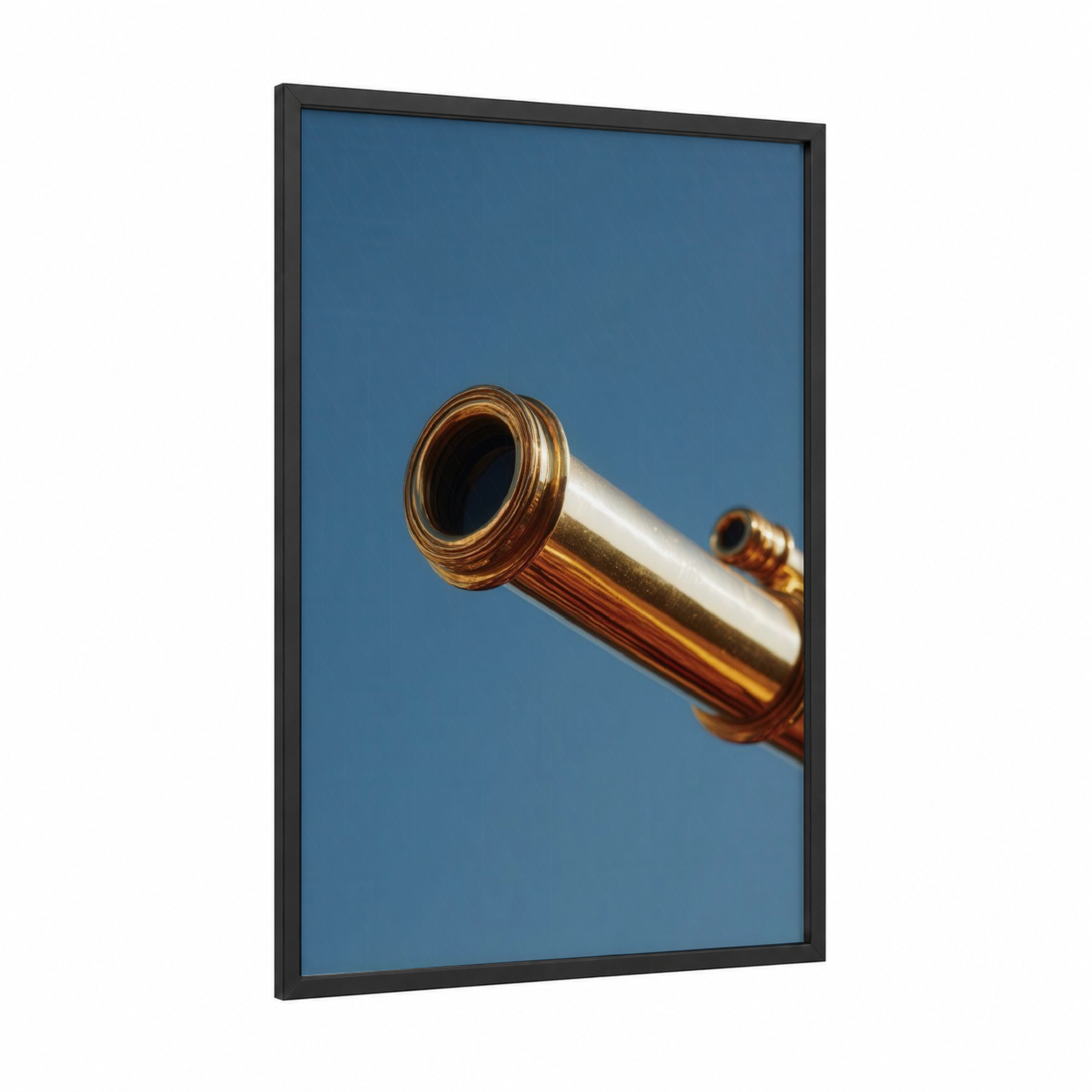 Brass Spyglass framed art print — black wood frame — blue and gold palette