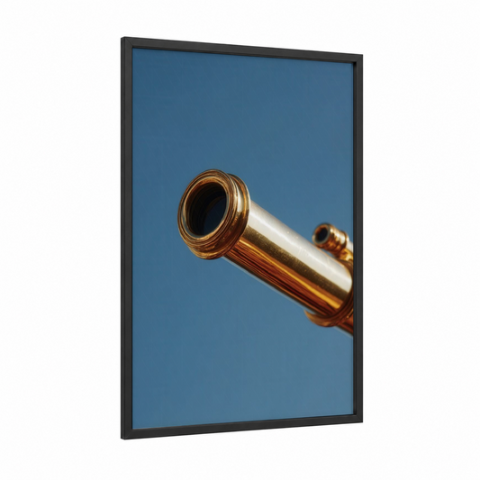 Brass Spyglass framed art print — black wood frame — blue and gold palette