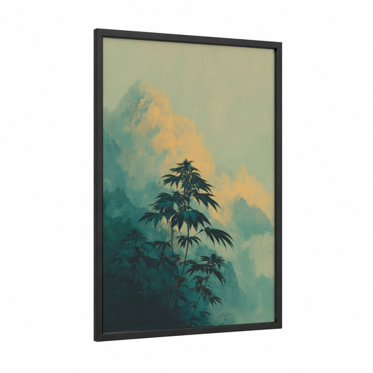 Misty Mountain Cannabis framed marijuana print — black wood frame — teal and gold palette