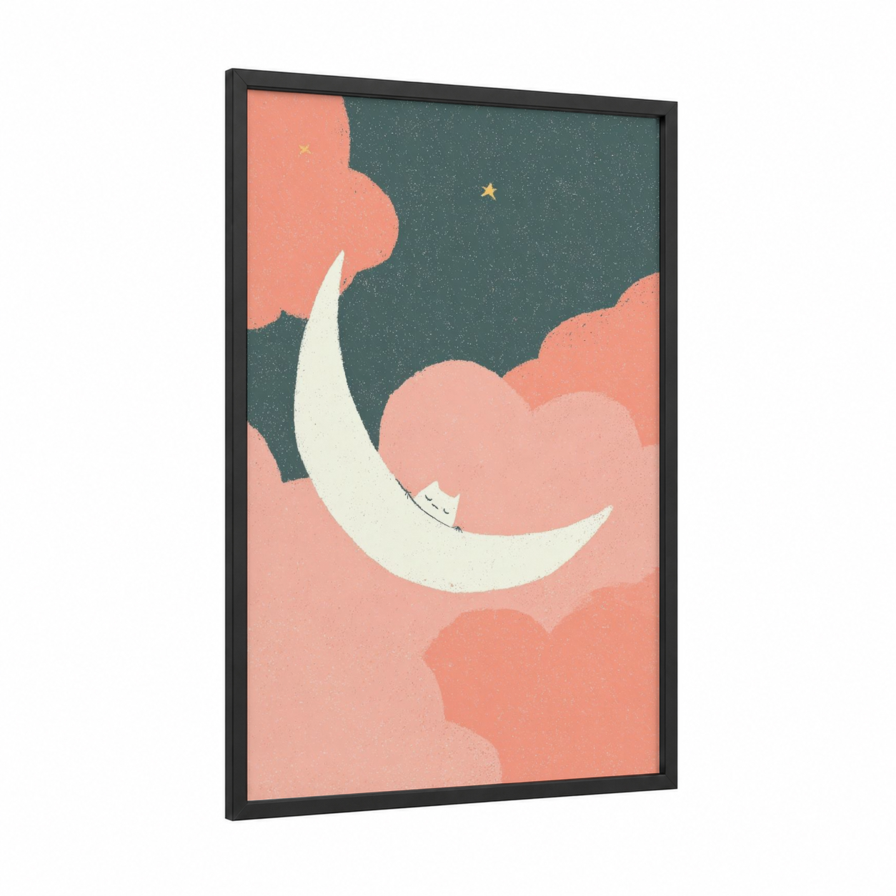 Dreaming Moon Cat framed star print — black wood frame — peach and dove gray palette