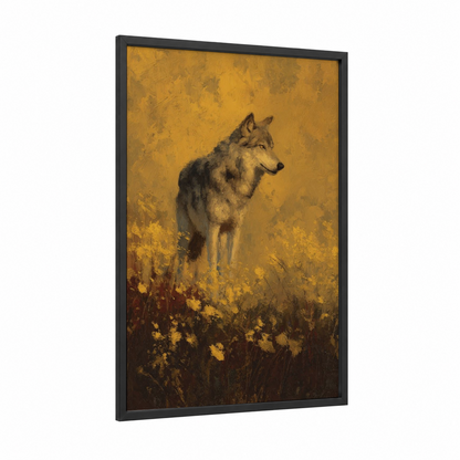 Golden Wolf framed art print — black wood frame — yellow gold and brown palette