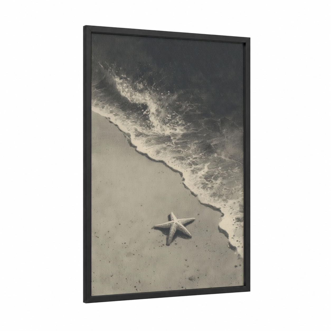 Sandy Starfish framed art print — black wood frame — cream and gray palette