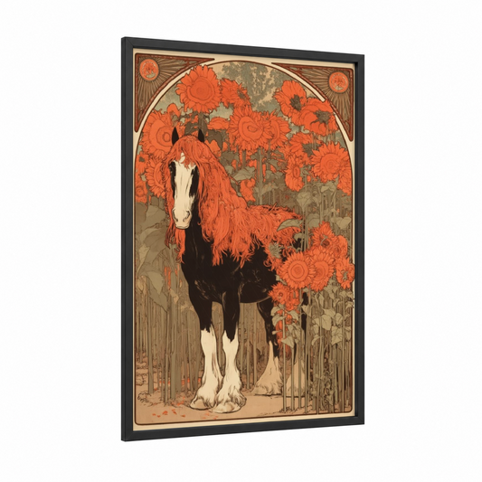Sunflower Clydesdale framed clydesdale horse print — black wood frame — pumpkin and dove gray palette