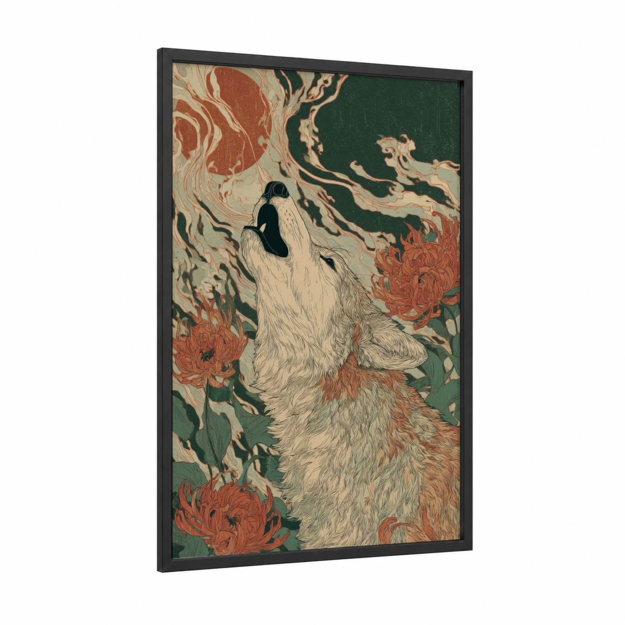 Howling Coyote framed art print — black wood frame — russet and dark green palette