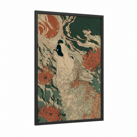 Howling Coyote framed art print — black wood frame — russet and dark green palette