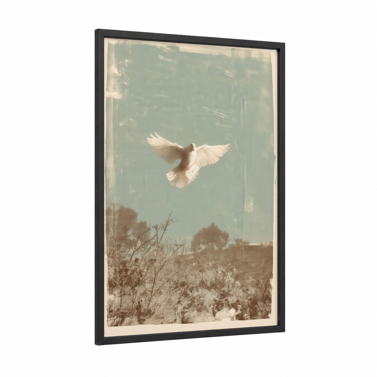Ascending Dove framed art print — black wood frame — sage green and cream palette