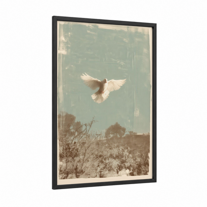 Ascending Dove framed art print — black wood frame — sage green and cream palette