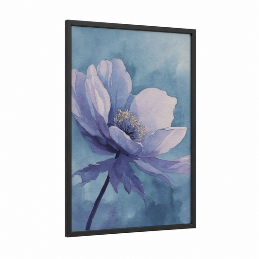 Lavender Anemone framed sea anemone print — black wood frame — lavender and blue palette