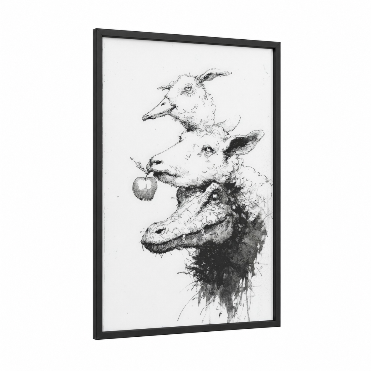 Stacked Chimera framed art print — black wood frame — black and white palette