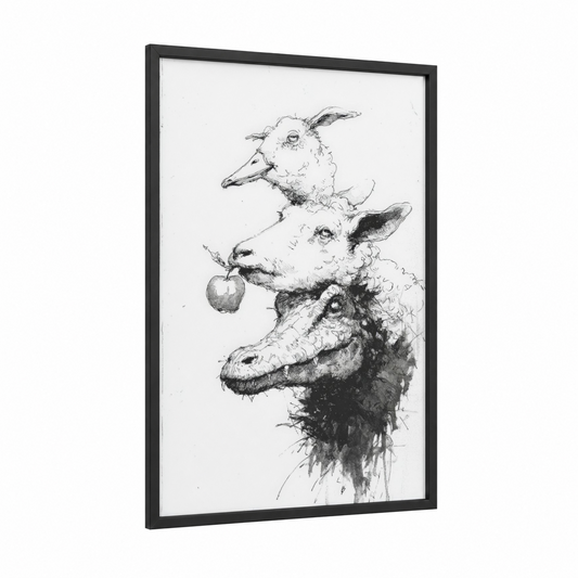 Stacked Chimera framed art print — black wood frame — black and white palette