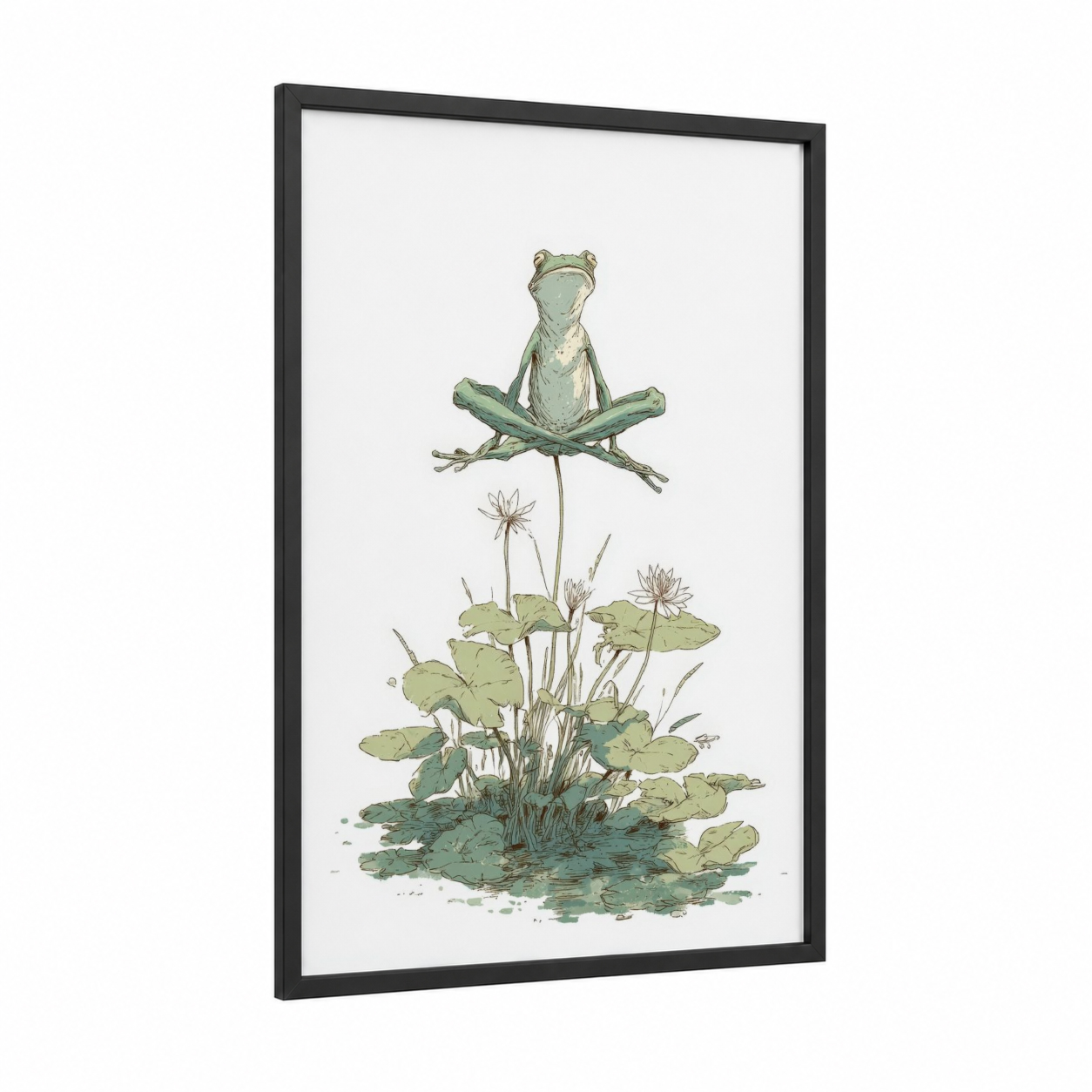 Meditative Frog framed frogs and toads print — black wood frame — sage green and cream palette