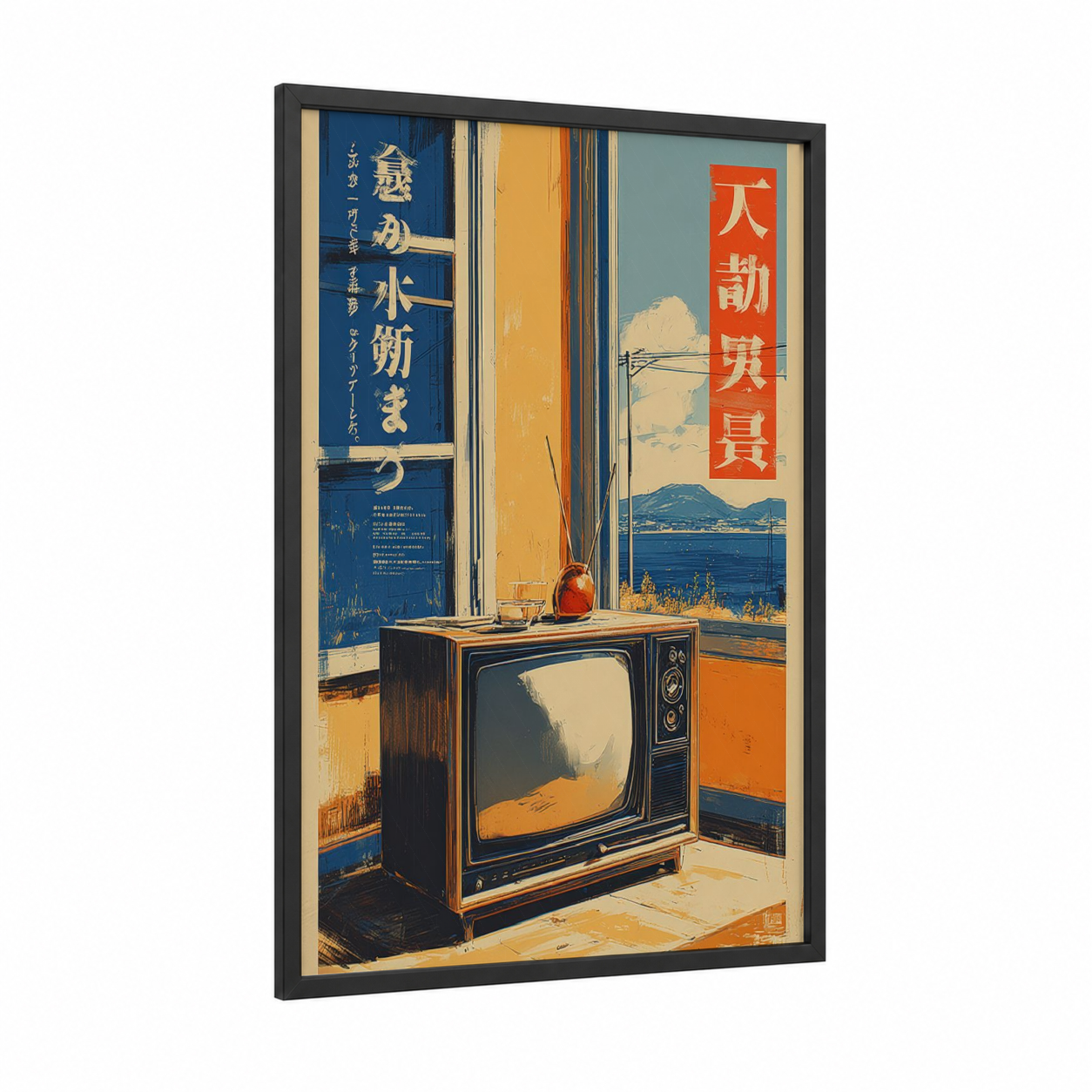 Retro Television Window framed vintage japanese ads print — black wood frame — cream and dark blue palette