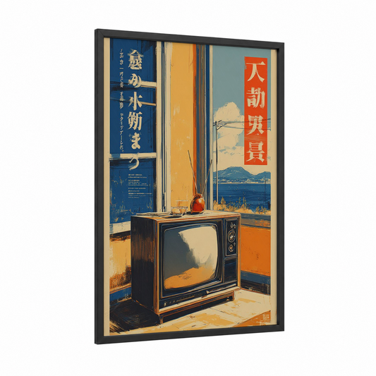 Retro Television Window framed vintage japanese ads print — black wood frame — cream and dark blue palette