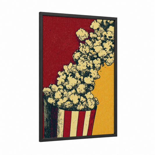 Vintage Popcorn framed art print — black wood frame — red and yellow gold palette