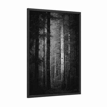 Misty Forest Corridor framed forest trees print — black wood frame — black and white and gray palette