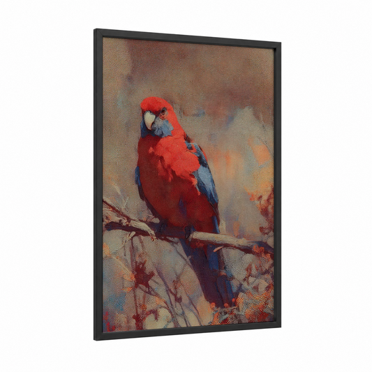 Crimson Macaw Portrait framed safari parrots print — black wood frame — red and blue palette