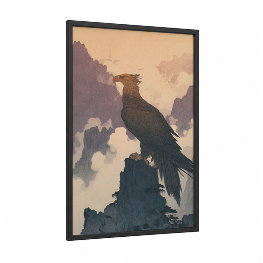 Mountain Griffin framed art print — black wood frame — cream and dove gray palette
