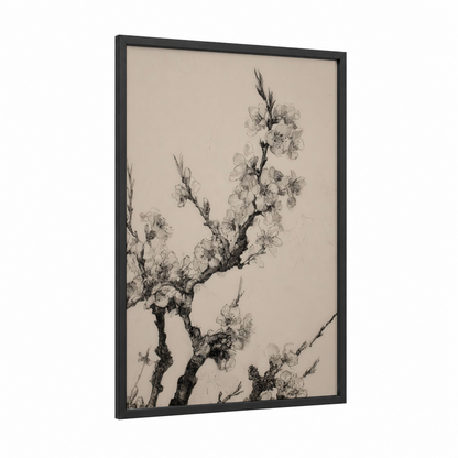 Cherry Blossom Branches framed fruit trees print — black wood frame — black and white and cream palette