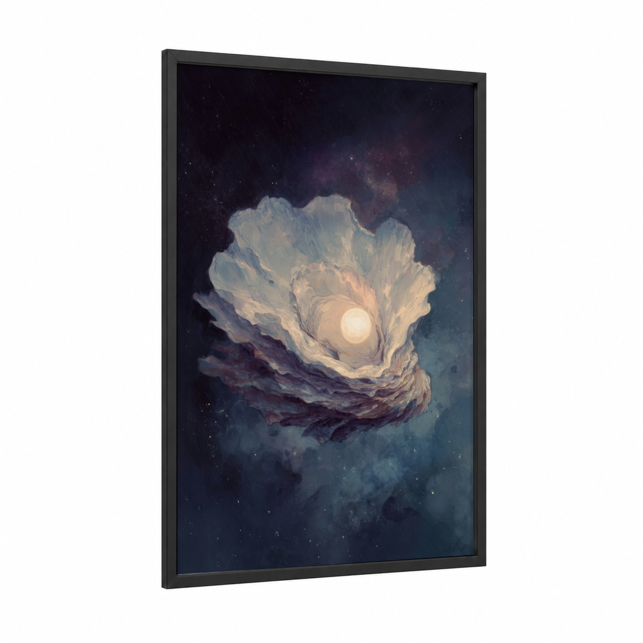 Moonlit Oyster framed art print — black wood frame — blue and white palette