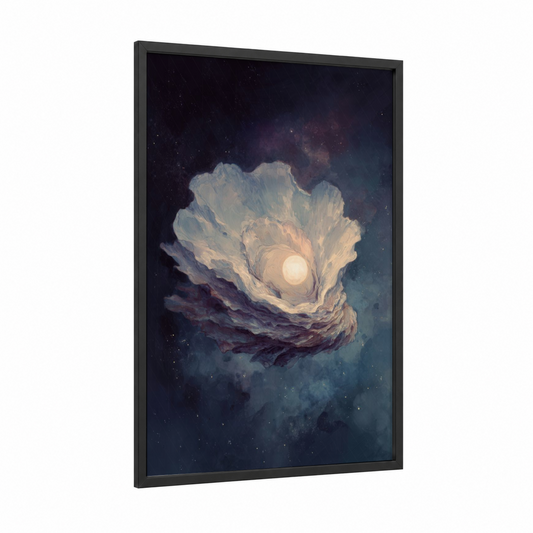 Moonlit Oyster framed art print — black wood frame — blue and white palette