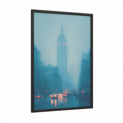 Rainy Manhattan framed empire state building print — black wood frame — blue and gold palette