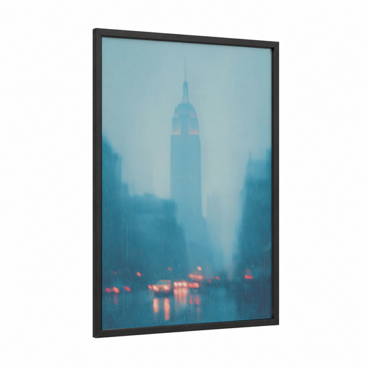 Rainy Manhattan framed empire state building print — black wood frame — blue and gold palette