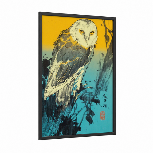 Golden Snowy Owl framed art print — black wood frame — gold and teal palette