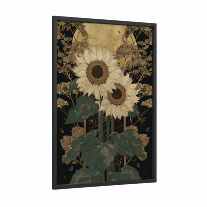 Cream Sunflower Pair framed art print — black wood frame — cream and gold palette