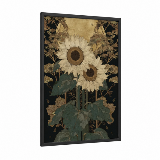 Cream Sunflower Pair framed art print — black wood frame — cream and gold palette